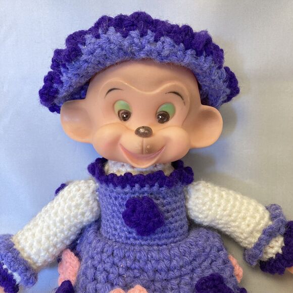 Vintage Rubber Face Monkey Plush Handmade Crocheted Dress Stuffed Animal - Picture 2 of 4